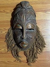 African Baule Style Wooden Mask with Raffia Hair Côte d’Ivoire West Africa 1960s picture
