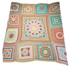 Vtg Handmade Crochet 3D Granny Square Afghan Blanket 54x54 Karoo Style cottage picture
