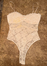 francesca's White Floral Lace Bodysuit One Piece L, Adjustable Strap Bow picture