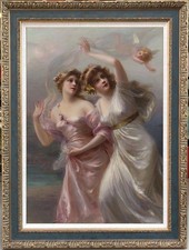 Hand Painted Oil Painting Two Elegant Maidens With Cherub Classical Mythology picture