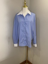 Bar III Women’s Blue Stripe Button Down Shirt White Collar Cuffs M NWT picture