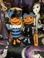 Ghoulish Retro Pumpkin Head Boy & Girl Holding Cute Balloons Halloween Decor picture