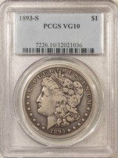 1893-S $1 MORGAN DOLLAR - PCGS VG-10, SUPER PLEASING, KEY-DATE picture