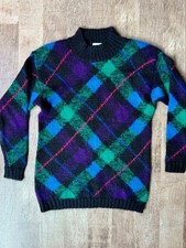 Vintage 80s Rosanna Mohair Blend Argyle Sweater M Charcoal Green Blue picture