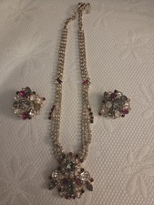 RARE Vintage Signed 'Hobe' 1957' Rhinestones/Cabochen Necklace & Clip Earrings picture