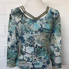 Ping Mei Y2K Fairy Paisley Beaded Long Sleeve Top Blue Aqua Boho Whimsigoth SM picture