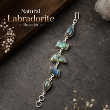 Natural Labradorite Gemstone Bracelet Silver-Toned Plated Boho Crystal Jewelry picture