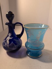 Vintage West Germany Mary Gregory Glass Set – Cobalt Blue Cruet & Turquoise... picture