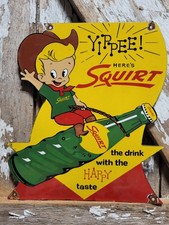 VINTAGE SQUIRT PORCELAIN SIGN OLD SODA POP BEVERAGE DRINK BOTTLE BOY RODEO FOOD picture