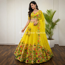 Pastel Green Floral Organza Lehenga Choli, Yellow Embroidered Indian Outfit picture