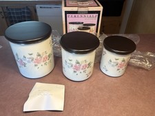 NIB 1998 Pfaltzgraff Tea Rose 6pc Porcelain Enamel Steel Canister Set Wood Lids picture