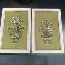 Set of 2 Framed Finished Needlepoint Floral Basket & Potted Plant Pictures picture