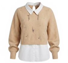 Cocobleu New York Womens XL Layered Look Sweater Rhinestone Embellished Tan picture