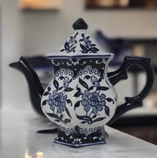 Teapot Blue and White Porcelain 16 Ounce China, Coffee Pot? Hexagonal picture