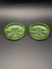 Two Vintage Jeannette Green Uranium Glass Coaster: Floral Poinsettia Motif picture