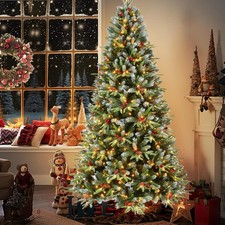 4-9ft Prelit Artificial Christmas Tree Snow Frosted with Pinecones & Red Berries picture