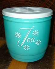 VTG 1950's Stanley's Atomic Teal Plastic Floral TEA Canister With White Lid picture