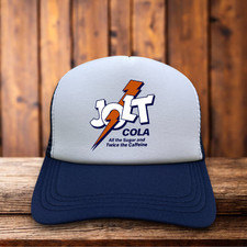 Jolt Cola 1985 Mens Trucker Hat Navy Retro Soda Drink Snapback Mesh Ball Cap picture