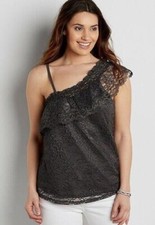 New Maurice's LACE ONE SHOULDER LINED medium blouse SLATE COLOR top picture