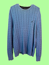 Nautica Men’s Blue Crew Neck Cable-Knit Pullover Sweater Cotton L picture