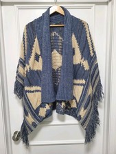 Vtg Lauren Ralph Lauren  Southwest Wool Linen Bld Fringe Open Poncho Cardigan PM picture