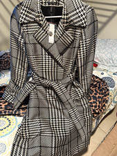 White House Black Market Women's Black White Plaid Trench Coat Tie Belt S picture