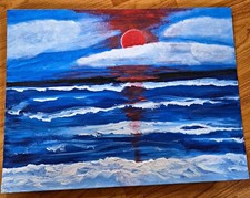 Original Hand-Painted Crimson Sunset Ocean Seascape Painting – 12