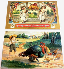 THANKSGIVING Holiday Wishes & Greetings (LOT OF 2) Antique 1909 Turkey POSTCARDS picture