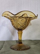 Vintage Daisy & Button Footed Amber Glass Compote Dish Candy Bowl Imperial Glass picture