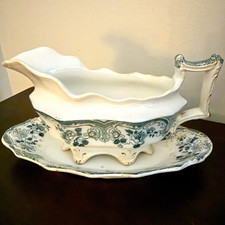 Antique Burgess & Leigh Burleigh England Footed Gravy Boat Underplate Blue Trans picture