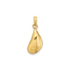 14K Yellow Gold 3D Mussel Shell Pendant Charm, Polished & Textured, 21mm picture