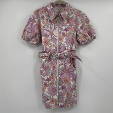 Skies Are Blue Retro Floral Denim Zip Front Belted Mini Dress Spring Groovy XS picture