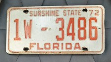 Vintage 1972 Florida License Plate Sunshine State Tag 1W-3486 Dade County picture