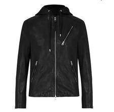 AllSaints Harwood Men’s Black Sheep Leather Biker Moto Jacket Large NWOT picture