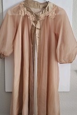 VTG 1940's Women Chiffon Robe Lace Trim Tie Closure 3/4 Sleeve High Neck Beige M picture