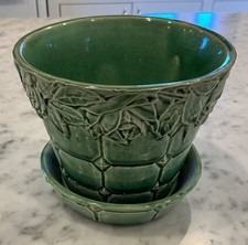 Vintage McCoy Quilted Planter Attached Saucer Green Leaf Floral Roses MCM picture