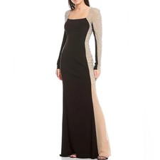 Xscape Black Nude Silver Crystal Beaded Long Sleeve Gown Size 8 $298 picture