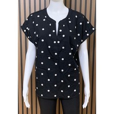 Talbots Black White Polka Dot Split Neck Cotton Blouse Short Sleeve Cuffed M picture