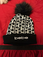 bebe Women's Black & White Logo Knit Beanie Hat w/ Faux Fur Pom-Pom One Size picture
