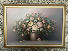 Floral Still Life Painting Flowers in Vase Framed Vintage Art Large Helman 41x29 picture