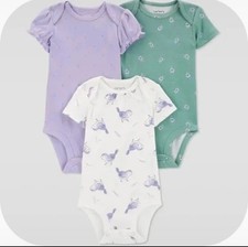 Carter’s Baby 3-Pack Short Sleeve Bodysuits Purple Green Bird Print picture