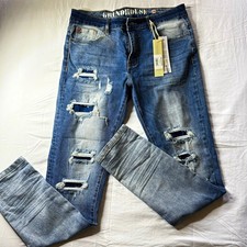 Grindhouse Denim Men's Blue Slim Skinny Jeans Medium Wash Distressed picture