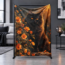 Black Cat Orange Flowers Coral Fleece Blanket Cat Lover Gift picture