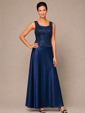 180$ Alex Evenings Blue Lace Sequin Scoop Neck Long Lined Gown Dress Size 14 picture
