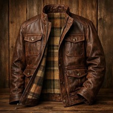 Vintage Brown Buffalo Hide Leather Jacket Men Distressed Crackled Flight Style picture