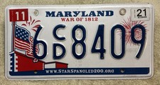 2010-2016 Maryland WAR OF 1812 License Plate AMERICAN FLAG (RANDOM PLATE#) picture
