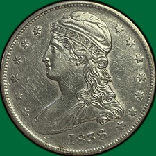1838 Capped Bust Reeded Edge Half Dollar Almost Uncirculated AU, Cleaned #48191 picture