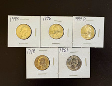 Five Uncirculated 90% Silver Washington Quarters — 1945, 1946, 1947D, 1948, 1961 picture