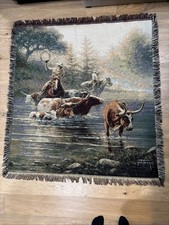 VTG Western Cowboy Woven Tapestry Throw Blanket Fringe Cattle Ranch Cabin Wall picture