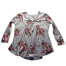 ALLEGRACE Blouse Womens Plus 2X White Henley Long Sleeve Floral Tunic Top picture